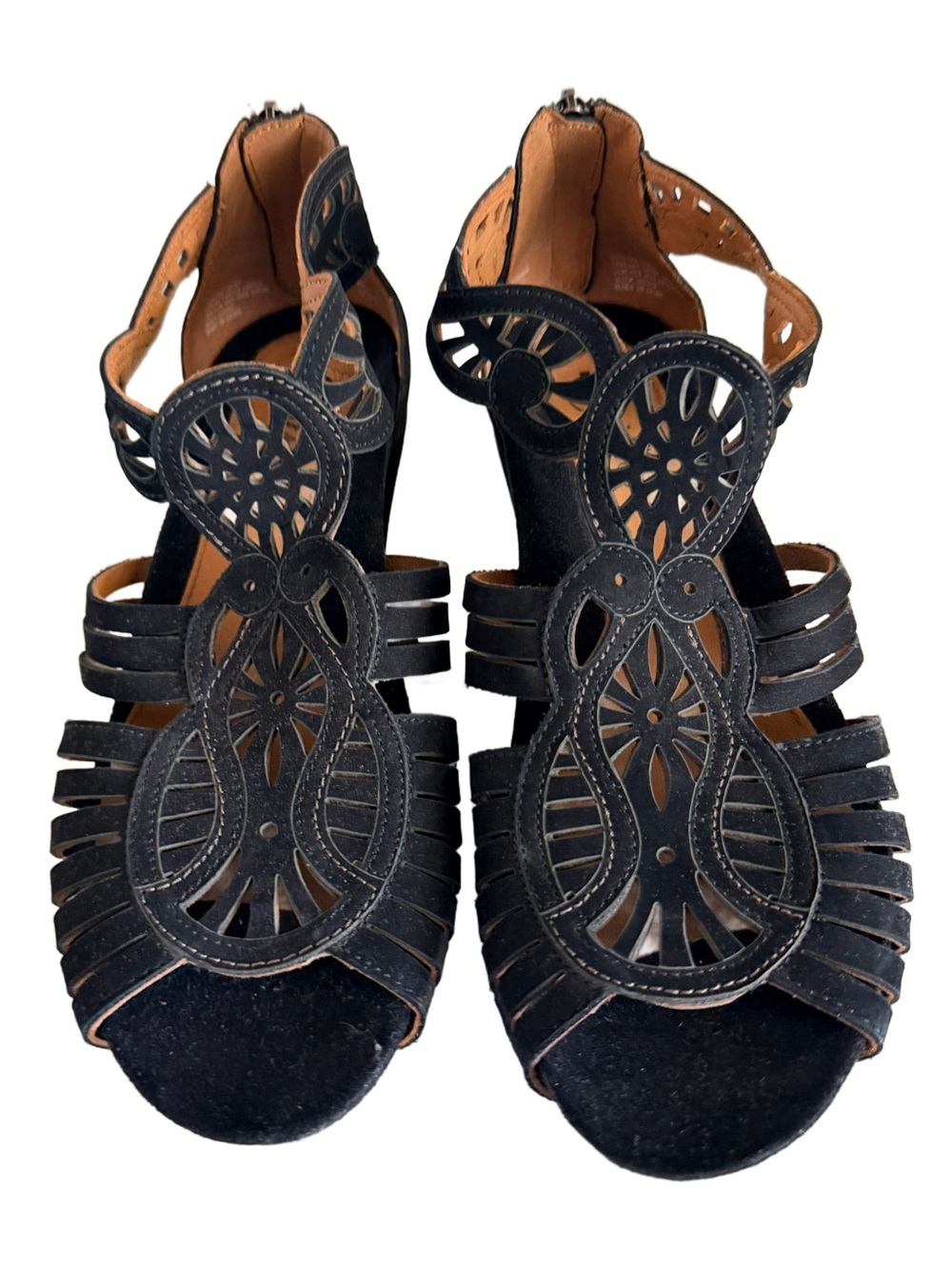Earthies Caradonna Black Leather Laser Cutout Boho Wedge Comfort Sandals 8